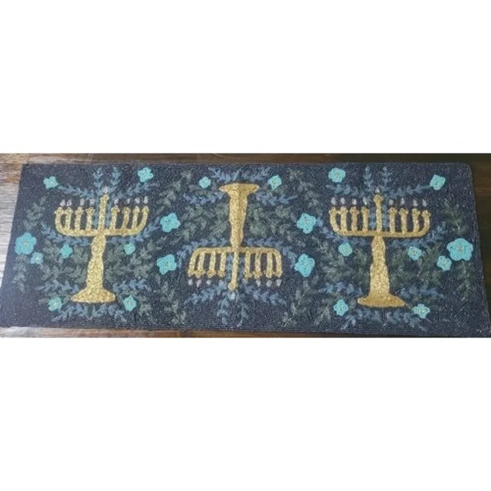 Kohls Hanukkah Table Runner Navy Blue Gold Beaded Menorah Floral 24STLHORN21 NEW